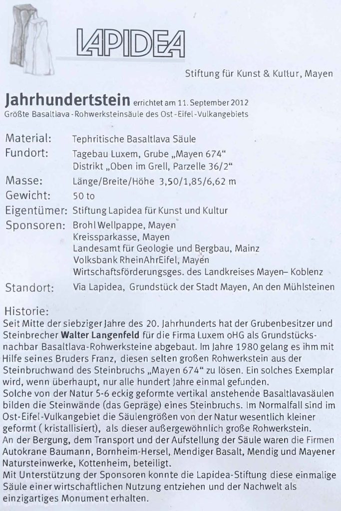 Jahrhundertstein Tafel