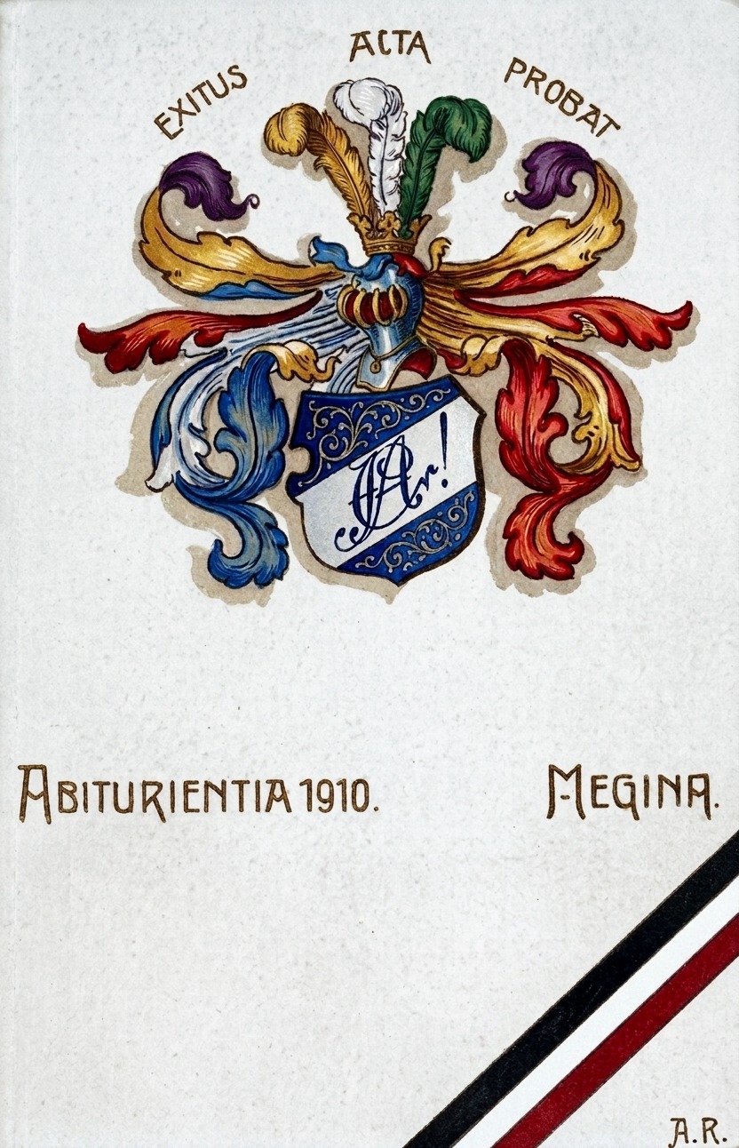Farbige Abiturkarte von 1910 mit dem Wahlspruch Exitus acta probat.